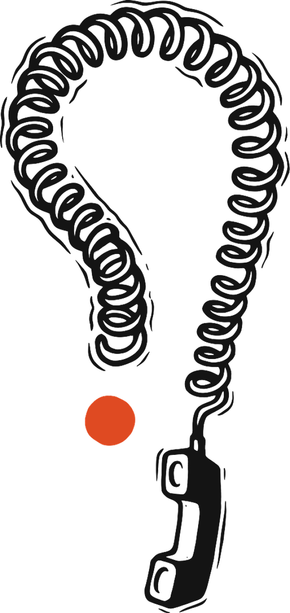 Ink illustration: a telephone cord coiled into the shape of a question mark, a handset hanging from it.