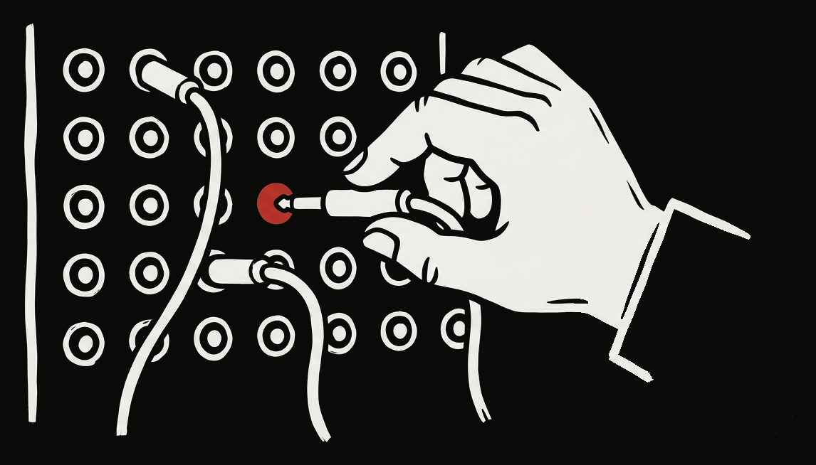 Ink illustration: a hand plugging a patch cable into a switchboard, the connected socket marked red.